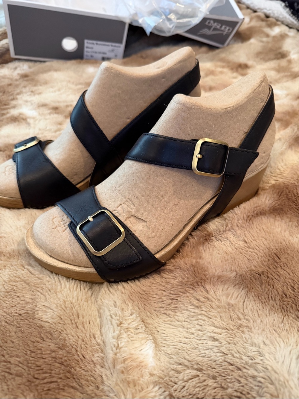Dansko Black Leather Double-Buckle Wedge Sandals with Gold Buckles